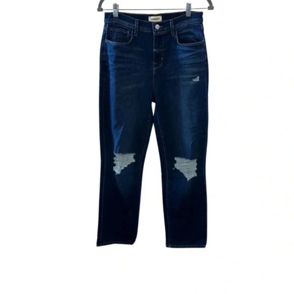 L'Agence Shane Distressed Mid Rise Slouchy Straight Jeans Dark Wash Size 28 - Picture 2 of 8